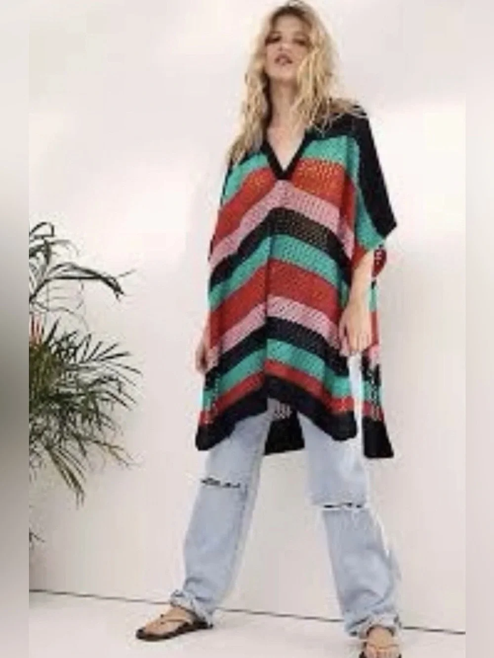 Free people Bayside Stripe Crochet Poncho one size oversized slouchy flowy